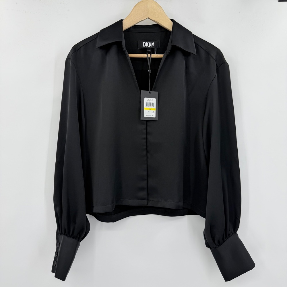 DKNY Black Satin Cropped‎ Bishop Sleeve Dressy Work Blouse Menswear Inspired Top - Picture 2 of 10